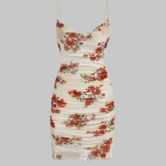 Y2K White Floral Ruched Mesh Mini Dress Spaghetti Straps‎ Medium - Picture 1 of 4